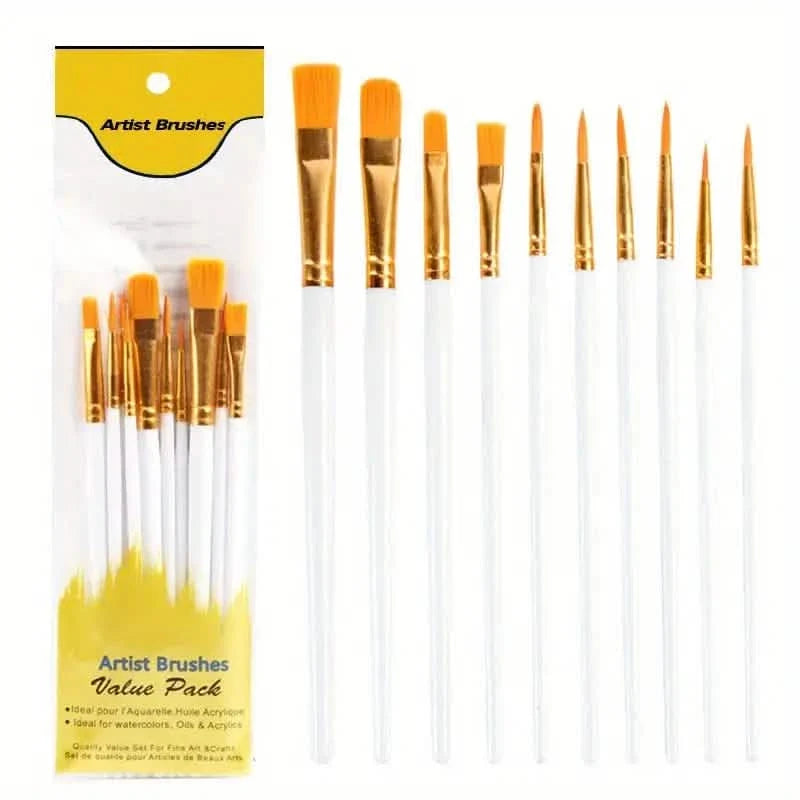 10-Pieces: Artist Paintbrush Nylon Round Pointed Flat Head Set White School, Office & Art Supplies - Tophatter Daily Deals