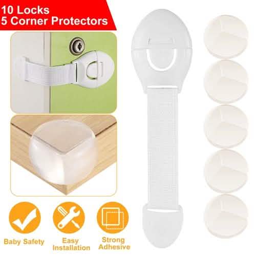 10-Pieces: Kids Safety Locks with 5 Furniture Corner Protectors Baby Gear - Tophatter Daily Deals