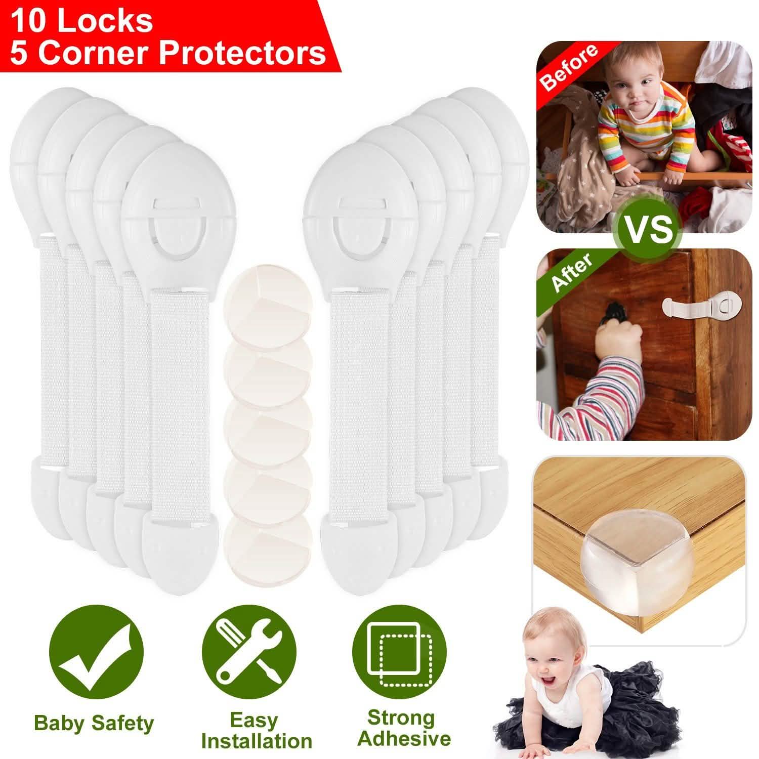 10-Pieces: Kids Safety Locks with 5 Furniture Corner Protectors Baby Gear - Tophatter Daily Deals