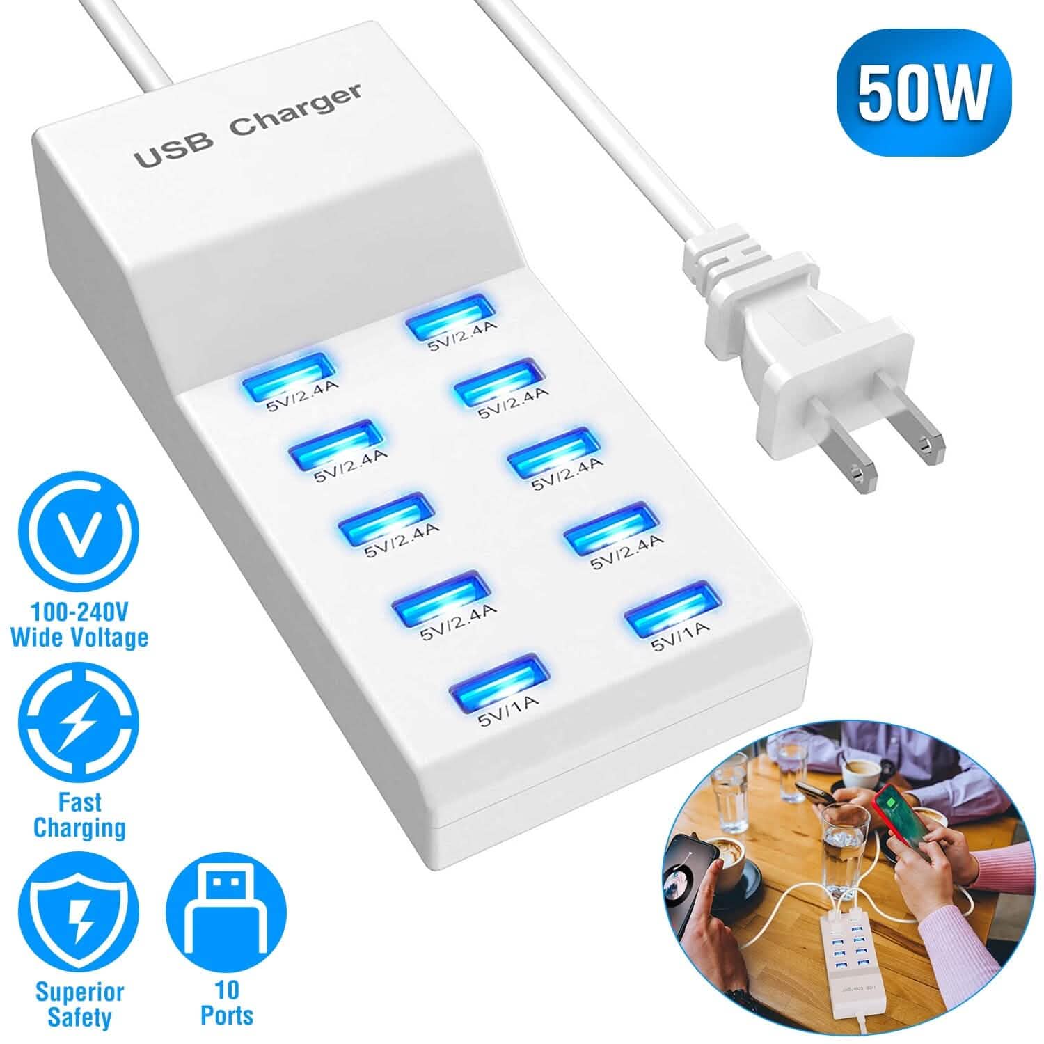 10-Ports 50W USB Wall Fast Charging Power Adapter Mobile Accessories - Tophatter Daily Deals