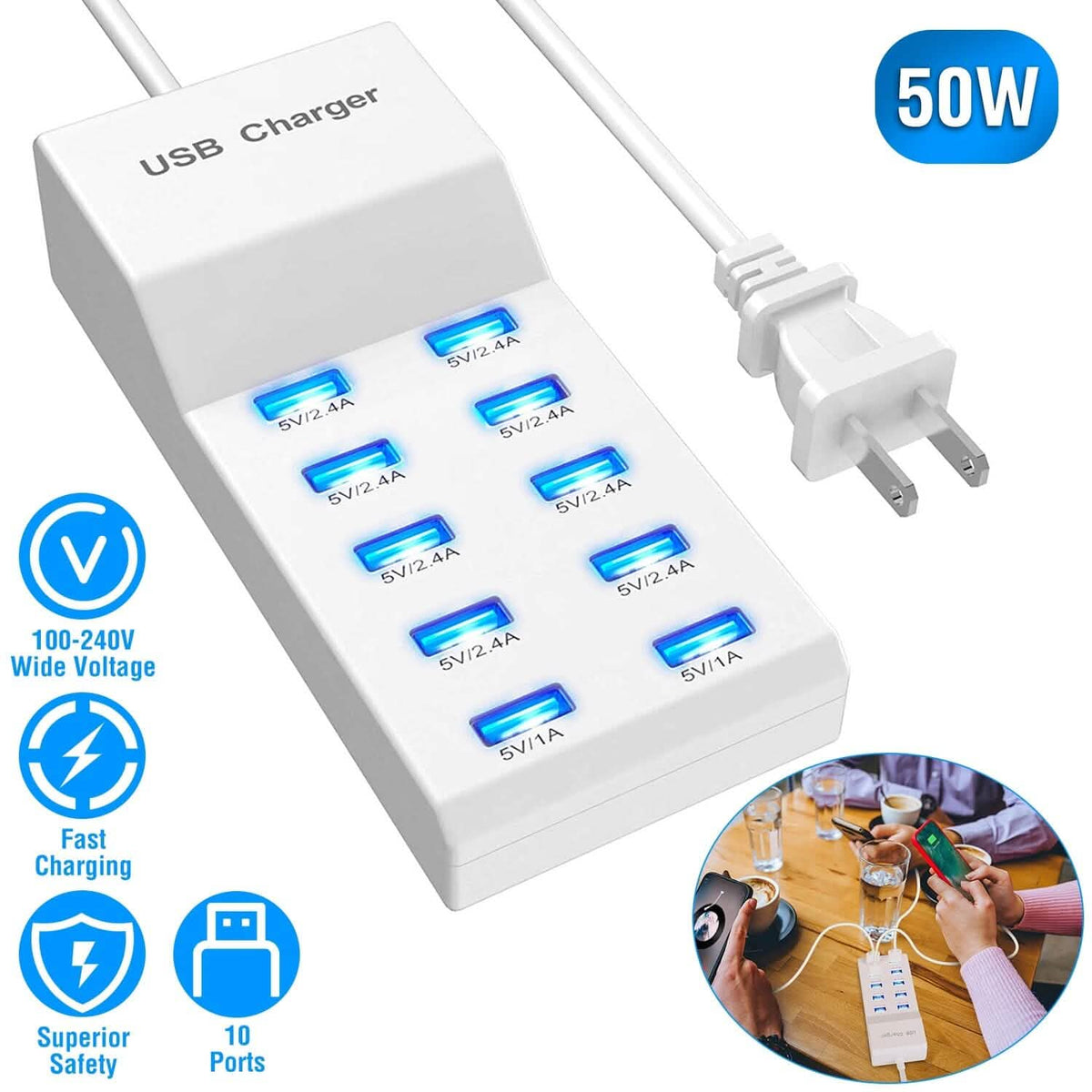 10-Ports 50W USB Wall Fast Charging Power Adapter Mobile Accessories - Tophatter Daily Deals