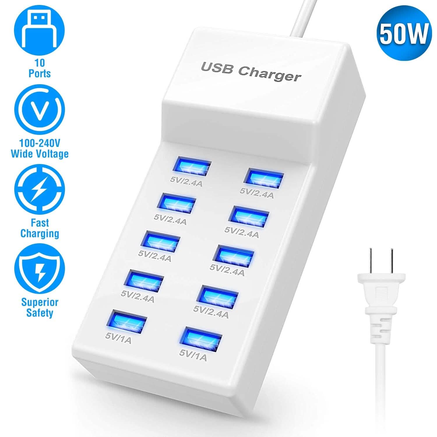 10-Ports 50W USB Wall Fast Charging Power Adapter Mobile Accessories - Tophatter Daily Deals