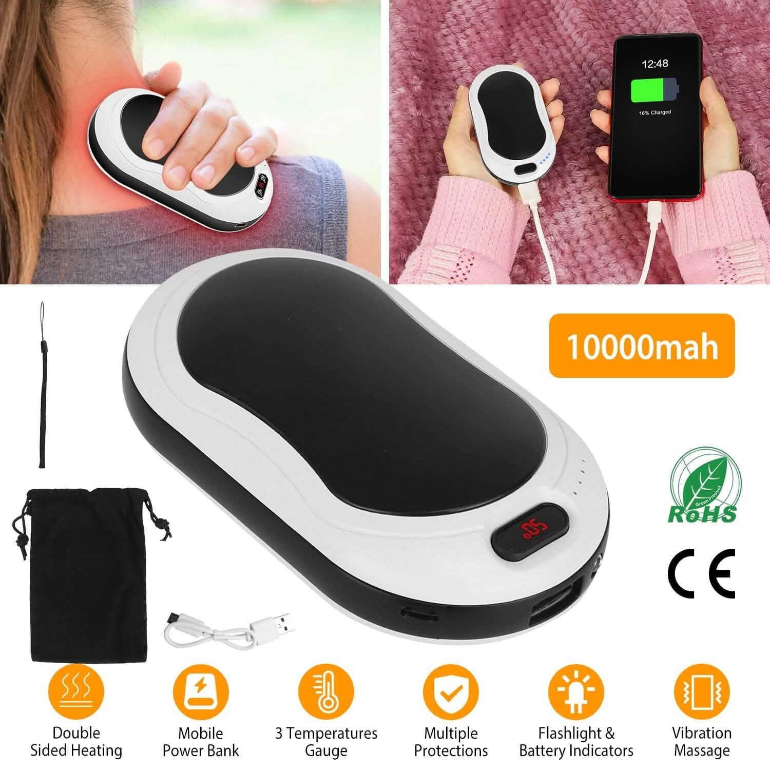 10000mAh Power Bank Rechargeable Pocket Warmer Double-Sided Heating Health & Wellness - Tophatter Daily Deals