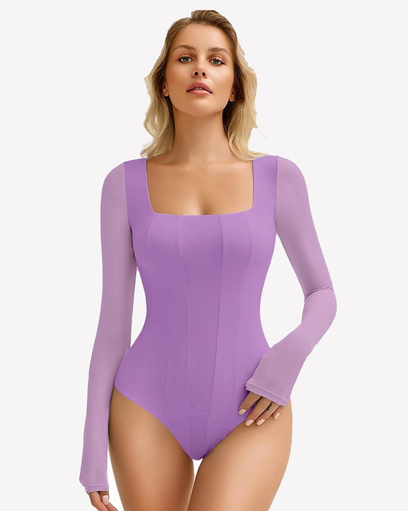 Square Neck One Piece Mesh Leotard Tops Lilac Shaperwear-bodysuit - Tophatter Daily Deals