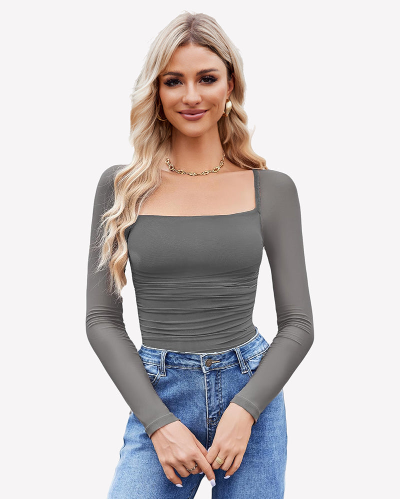 Square Neck Mesh Long Sleeve Bodysuit Shapewear Dark Grey Shaperwear-bodysuit - Tophatter Daily Deals