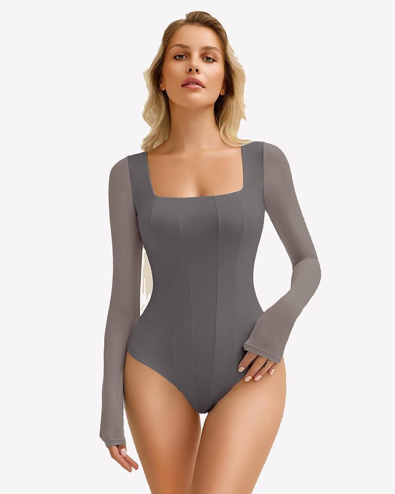 Square Neck One Piece Mesh Leotard Tops Grey Shaperwear-bodysuit - Tophatter Daily Deals