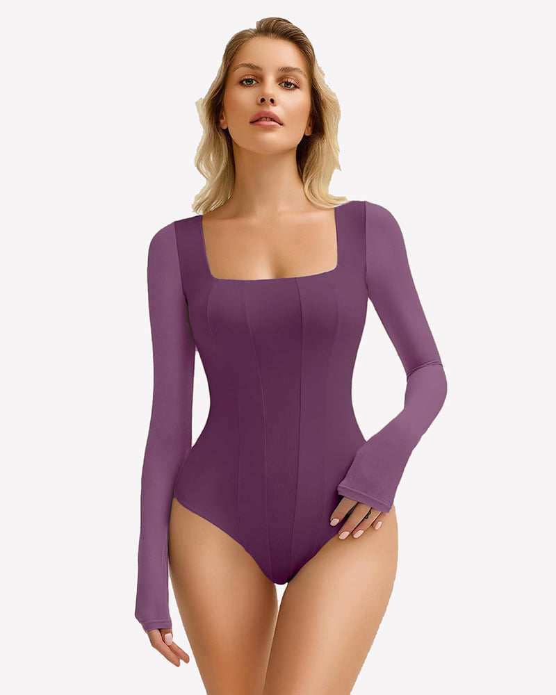 Square Neck One Piece Mesh Leotard Tops Dark Purple Shaperwear-bodysuit - Tophatter Daily Deals