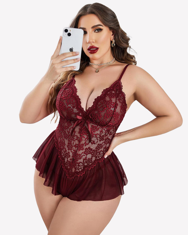 Plus Size Lingerie Lace Bodysuit Burgundy Lingerie Sets-Plus size - Tophatter Daily Deals