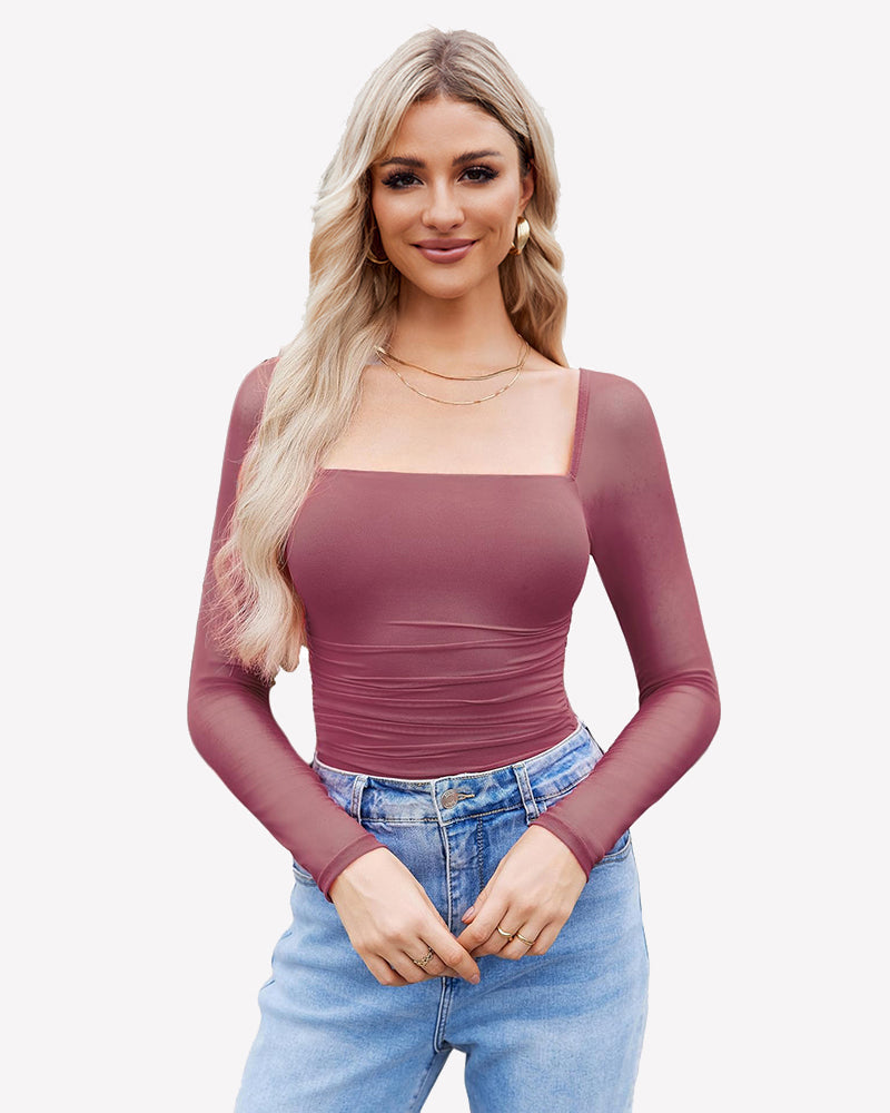 Square Neck Mesh Long Sleeve Bodysuit Shapewear Dark Purple Red Shaperwear-bodysuit - Tophatter Daily Deals