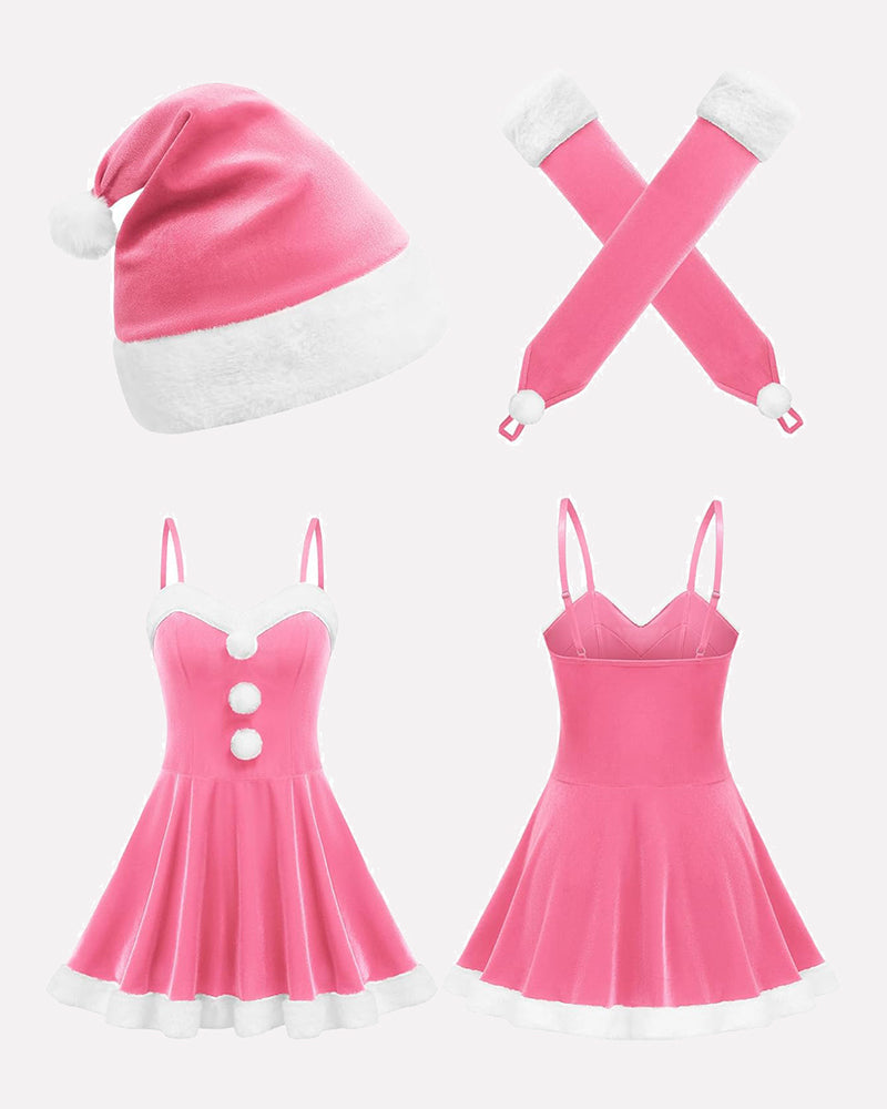 Christmas Dress Santa Outfit With Xmas Gloves and Hat Pink Sleepwears-dresses - Tophatter Daily Deals