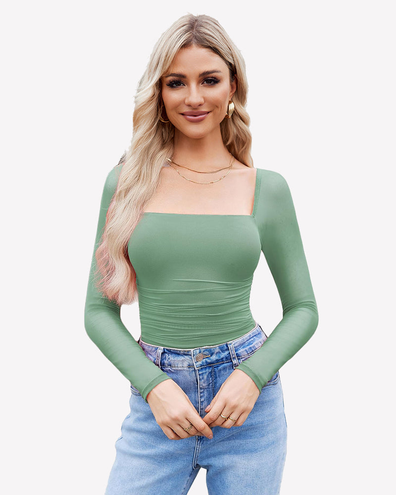 Square Neck Mesh Long Sleeve Bodysuit Shapewear Grey Green Shaperwear-bodysuit - Tophatter Daily Deals