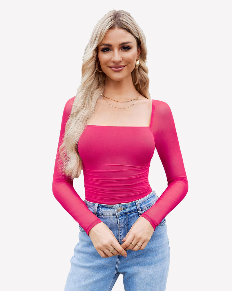 Square Neck Mesh Long Sleeve Bodysuit Shapewear Rose Red Shaperwear-bodysuit - Tophatter Daily Deals