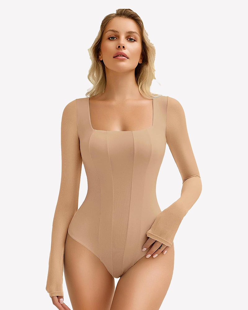 Square Neck One Piece Mesh Leotard Tops Nude Shaperwear-bodysuit - Tophatter Daily Deals