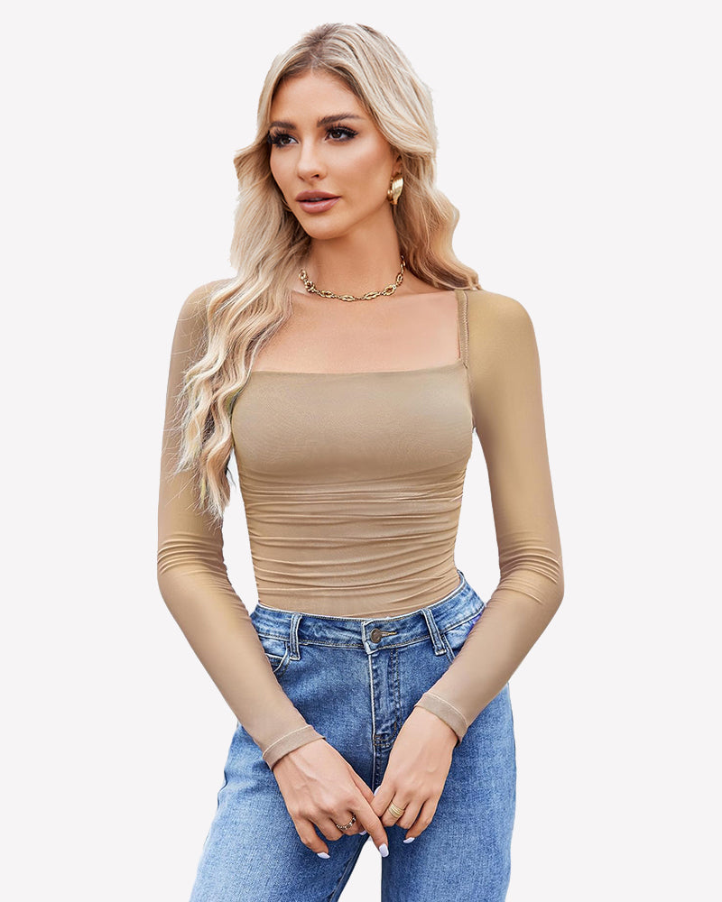 Square Neck Mesh Long Sleeve Bodysuit Shapewear Champagne Shaperwear-bodysuit - Tophatter Daily Deals