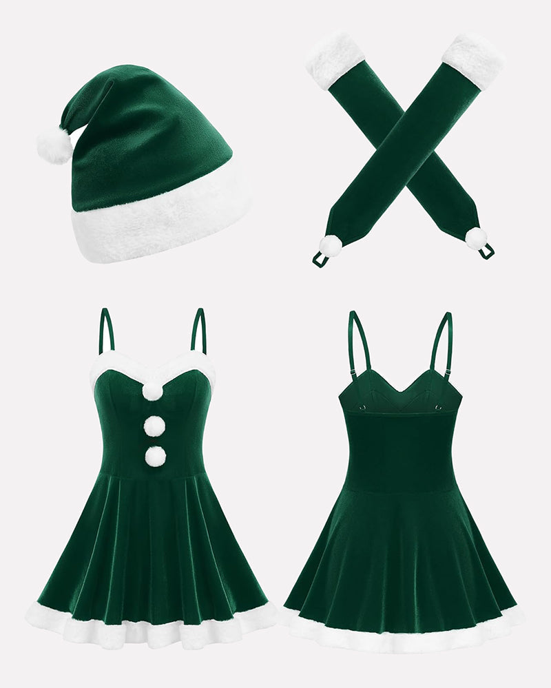 Christmas Dress Santa Outfit With Xmas Gloves and Hat Green Sleepwears-dresses - Tophatter Daily Deals
