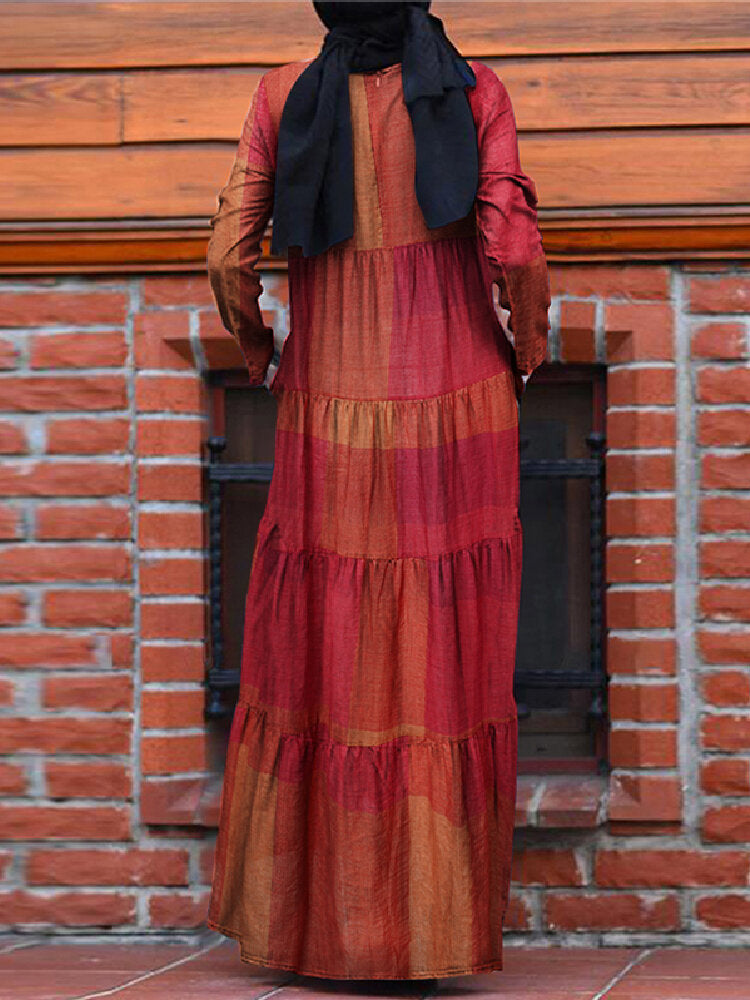 Kaftan Tunic Plaid Print Back Zipper Long Sleeve Maxi Layered Women Maxi Dress Maxi Dresses - Tophatter Daily Deals