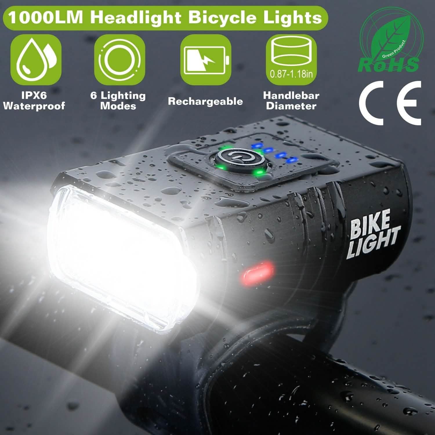 1000LM Bike Front Light Rechargeable Handlebar Head Light with 6 Lighting Modes Outdoor Recreation - Tophatter Daily Deals