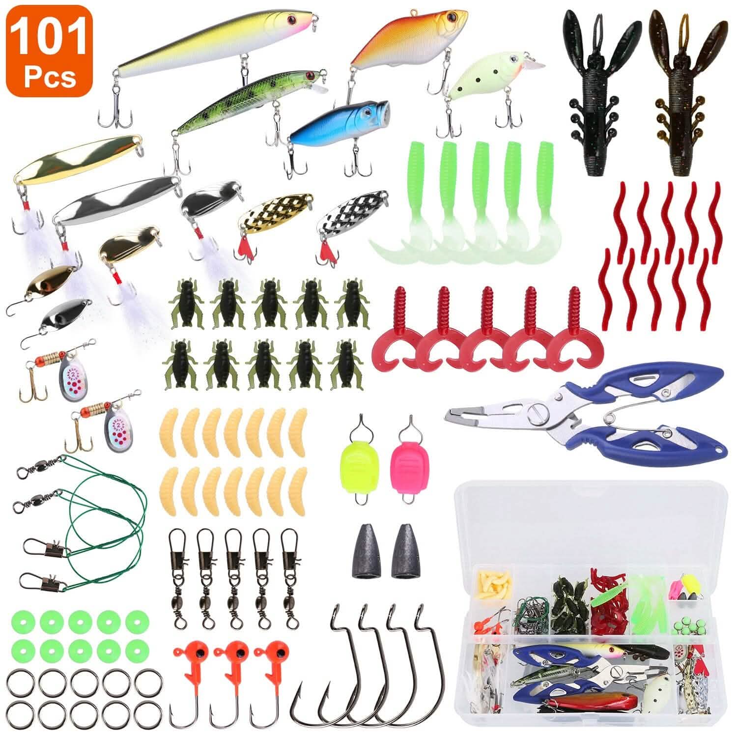 101-Pieces: Fishing Lure Kit Soft Plastic Fishing Baits Set with Soft Worms Crankbaits Box Outdoor Recreation - Tophatter Daily Deals