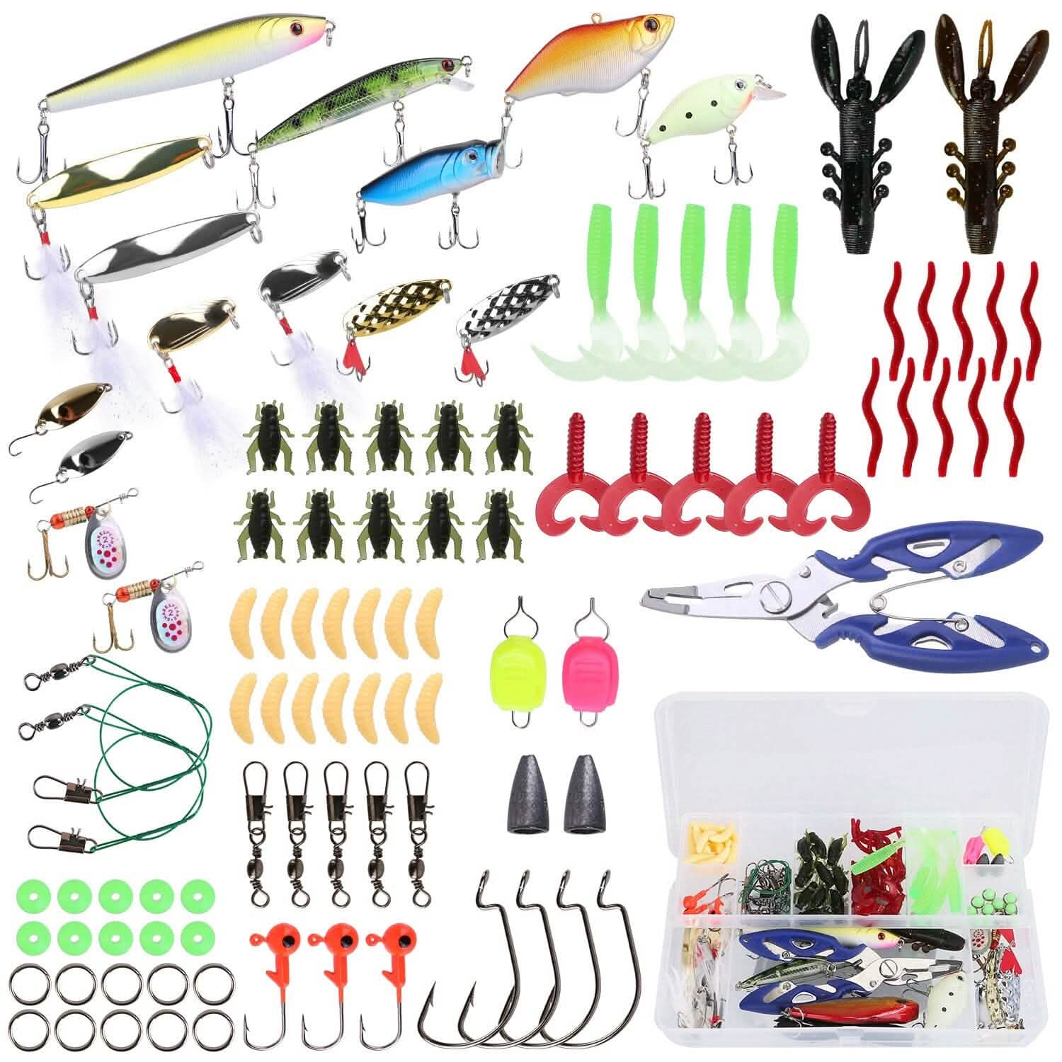 101-Pieces: Fishing Lure Kit Soft Plastic Fishing Baits Set with Soft Worms Crankbaits Box Outdoor Recreation - Tophatter Daily Deals
