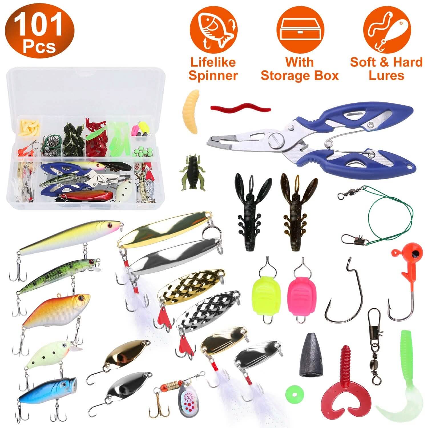 101-Pieces: Fishing Lure Kit Soft Plastic Fishing Baits Set with Soft Worms Crankbaits Box Outdoor Recreation - Tophatter Daily Deals