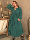 Plus Size Notched Layered Balloon Sleeve Midi Dress Green Casual Dresses - Tophatter Daily Deals