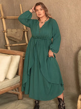 Plus Size Notched Layered Balloon Sleeve Midi Dress Green Casual Dresses - Tophatter Daily Deals