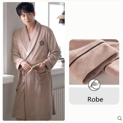 Burgundy island velvet fabric winter unisex flannel robe for men & women Khaki Man 0 - Tophatter Daily Deals