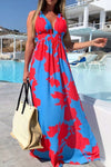 Contrast Halter Neck Maxi Dress Blue Red Casual Dresses - Tophatter Daily Deals