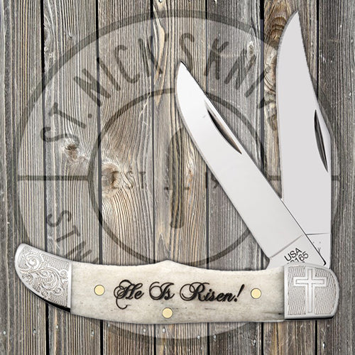 Case Pocket Hunter - Natural Smooth Bone - Embellished Bolsters - "He Is Risen!" - 10590 Traditional Knives - Tophatter Daily Deals