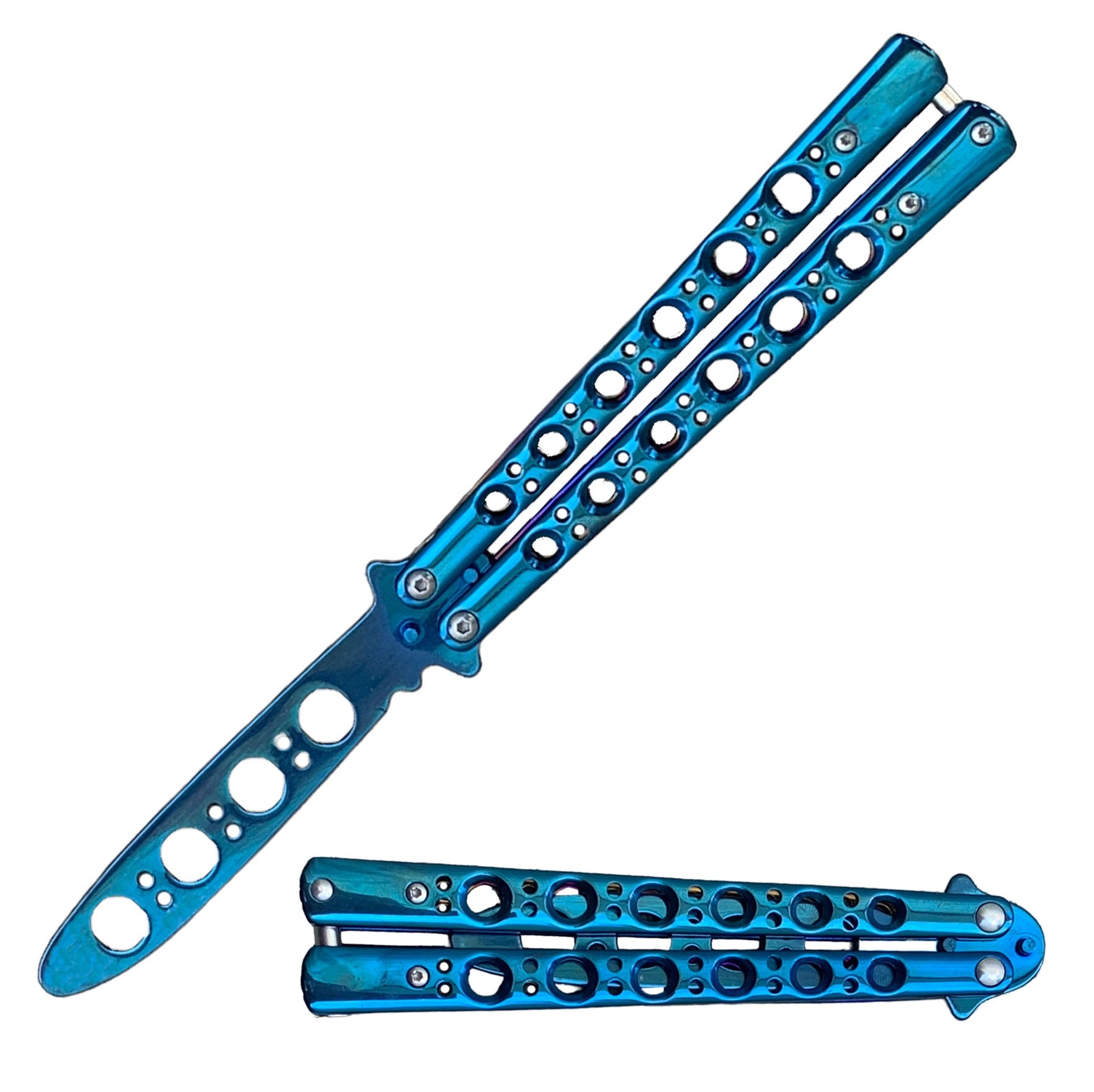Blue Skeleton Stainless Steel Butterfly Trainer Knife - TOPHATTER'S ARMORY DEALS Collectible Weapons - Tophatter Daily Deals