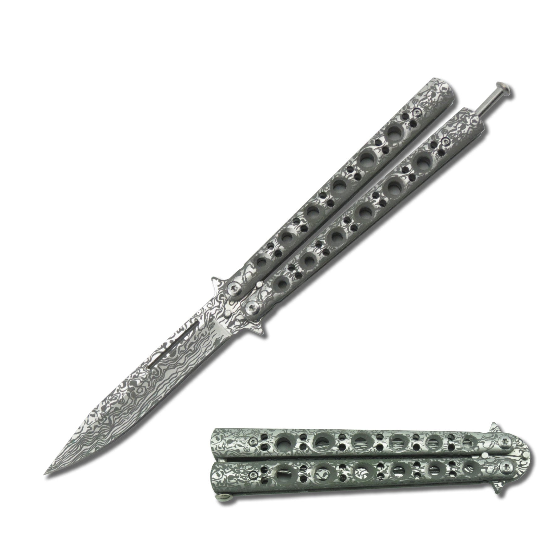 5.25" Closed Length Damascus Steel Balisong Butterfly Flipper Knife - TOPHATTER'S ARMORY DEALS Collectible Weapons - Tophatter Daily Deals