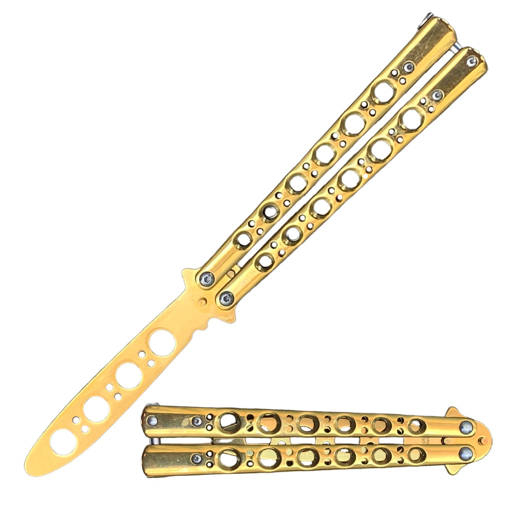 Gold Skeleton Stainless Steel Butterfly Trainer Knife - TOPHATTER'S ARMORY DEALS Collectible Weapons - Tophatter Daily Deals