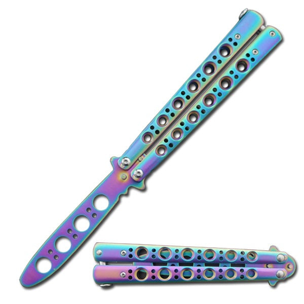 Rainbow Ti-Coated Skeleton Stainless Steel Butterfly Trainer Knife - Tophatter's Guns'N'Weapons Store - FREE SHIPPING Collectible Weapons - Tophatter Daily Deals