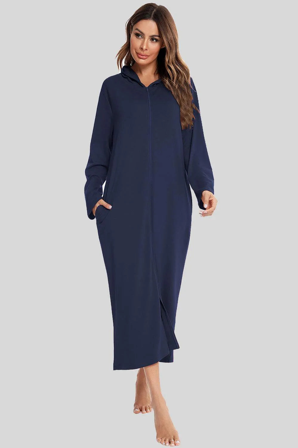 Zip Front Hooded Night Dress with Pockets Navy Sleep Dresses - Tophatter Daily Deals