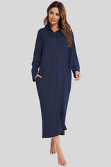Zip Front Hooded Night Dress with Pockets Navy Sleep Dresses - Tophatter Daily Deals