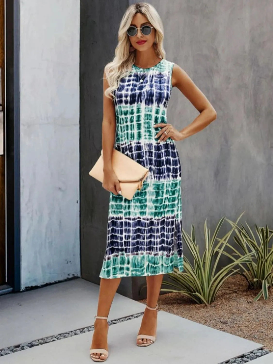 Slit Printed Round Neck Sleeveless Dress Casual Dresses - Tophatter Daily Deals