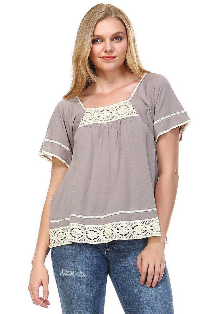 Women's Square Neck Short Sleeve Crochet Top Chestnut Tops - Tophatter Daily Deals