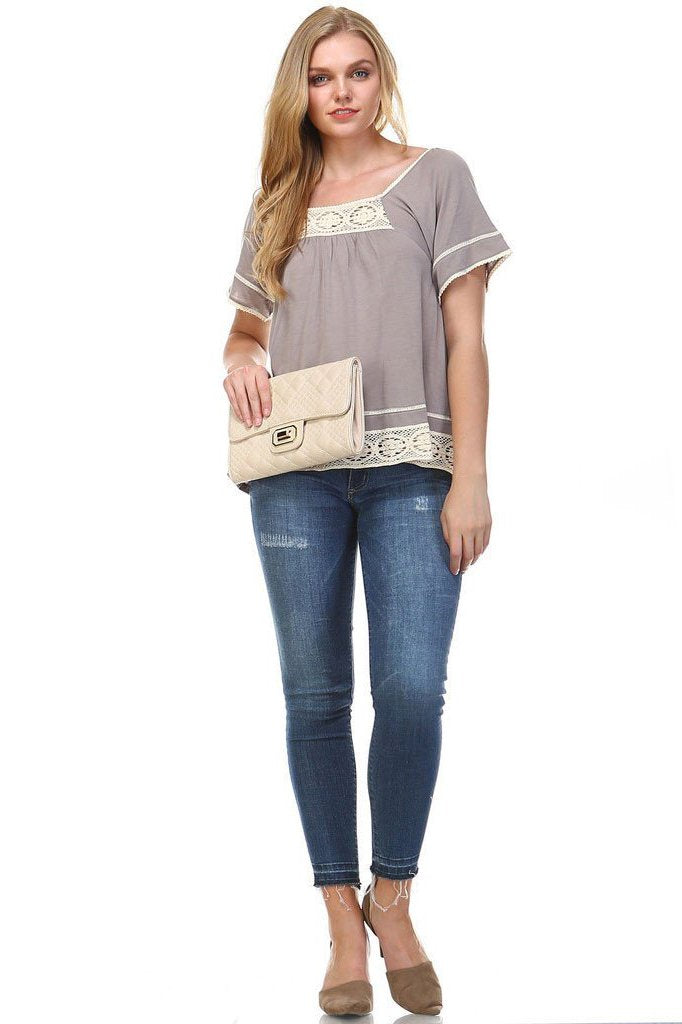 Women's Square Neck Short Sleeve Crochet Top Tops - Tophatter Daily Deals