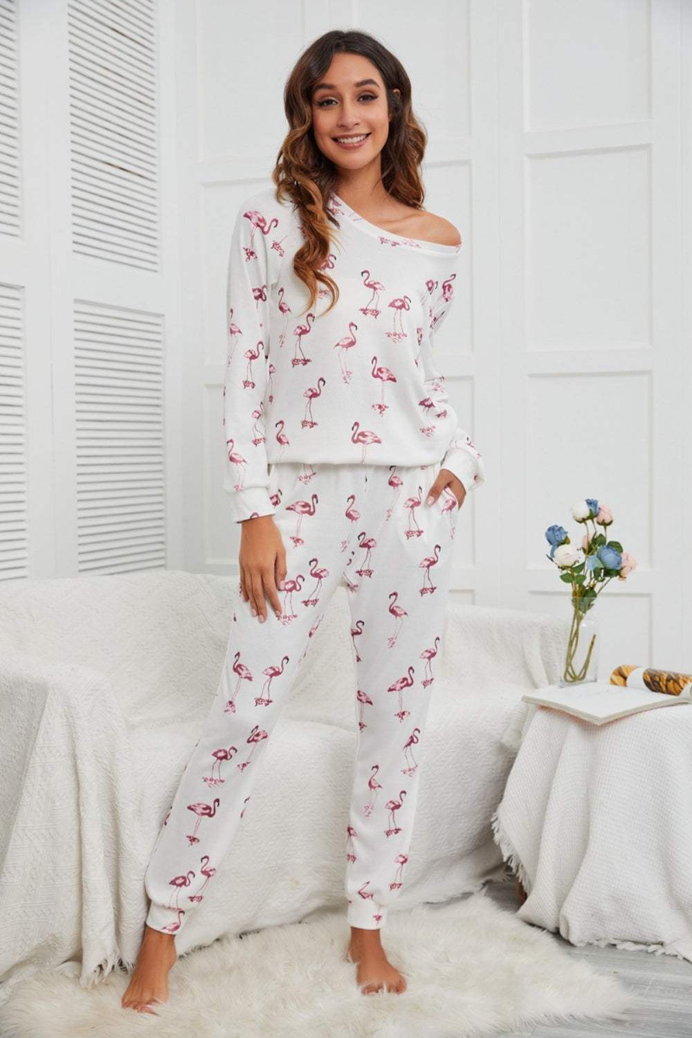 Flamingo Long Sleeve Top and Pants Lounge Set White Loungewear Sets - Tophatter Daily Deals