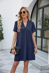 Notched Puff Sleeve Shift Dress Navy Casual Dresses - Tophatter Daily Deals