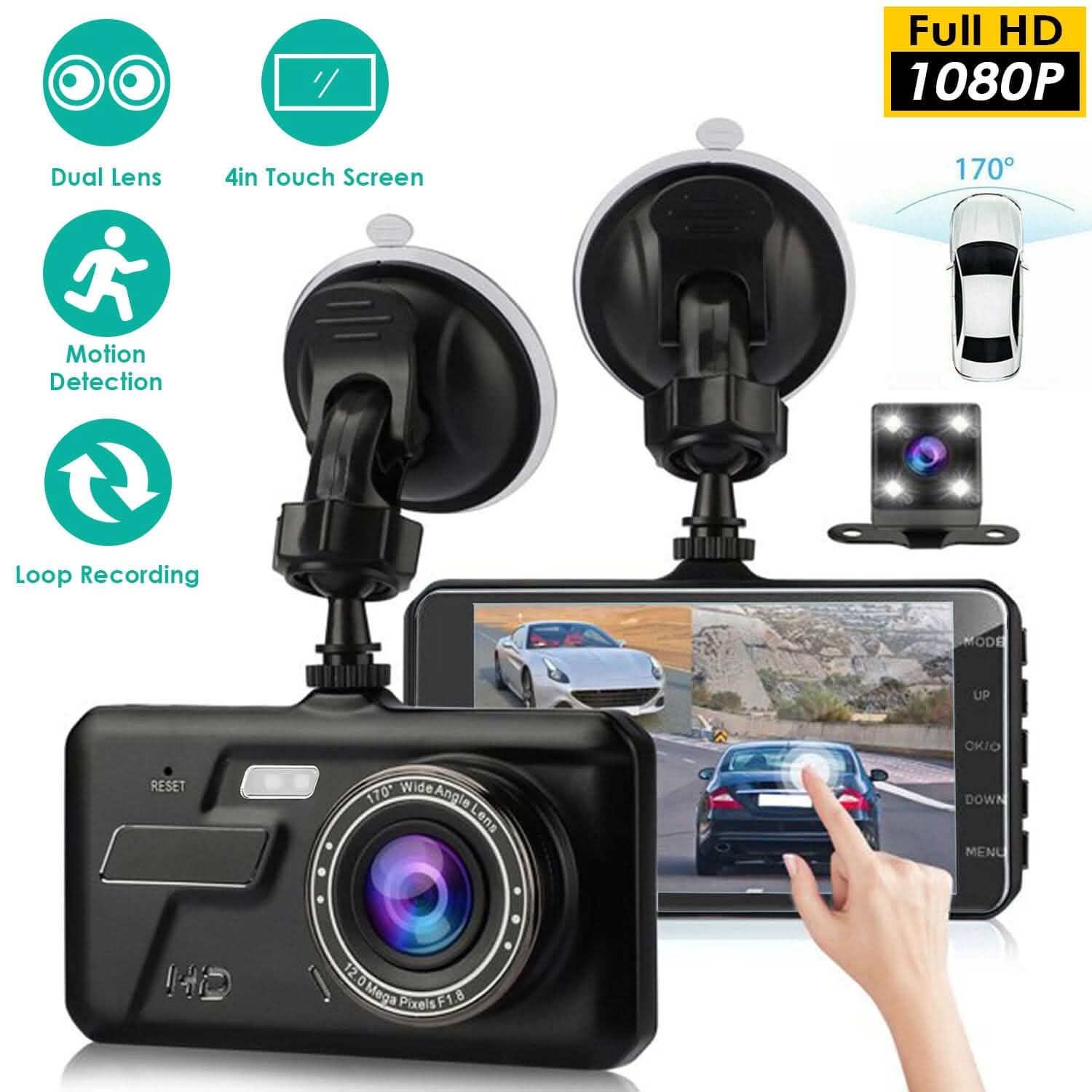 1080P 4-Inch Touch Screen Dual Dash Cam Automotive - Tophatter Daily Deals
