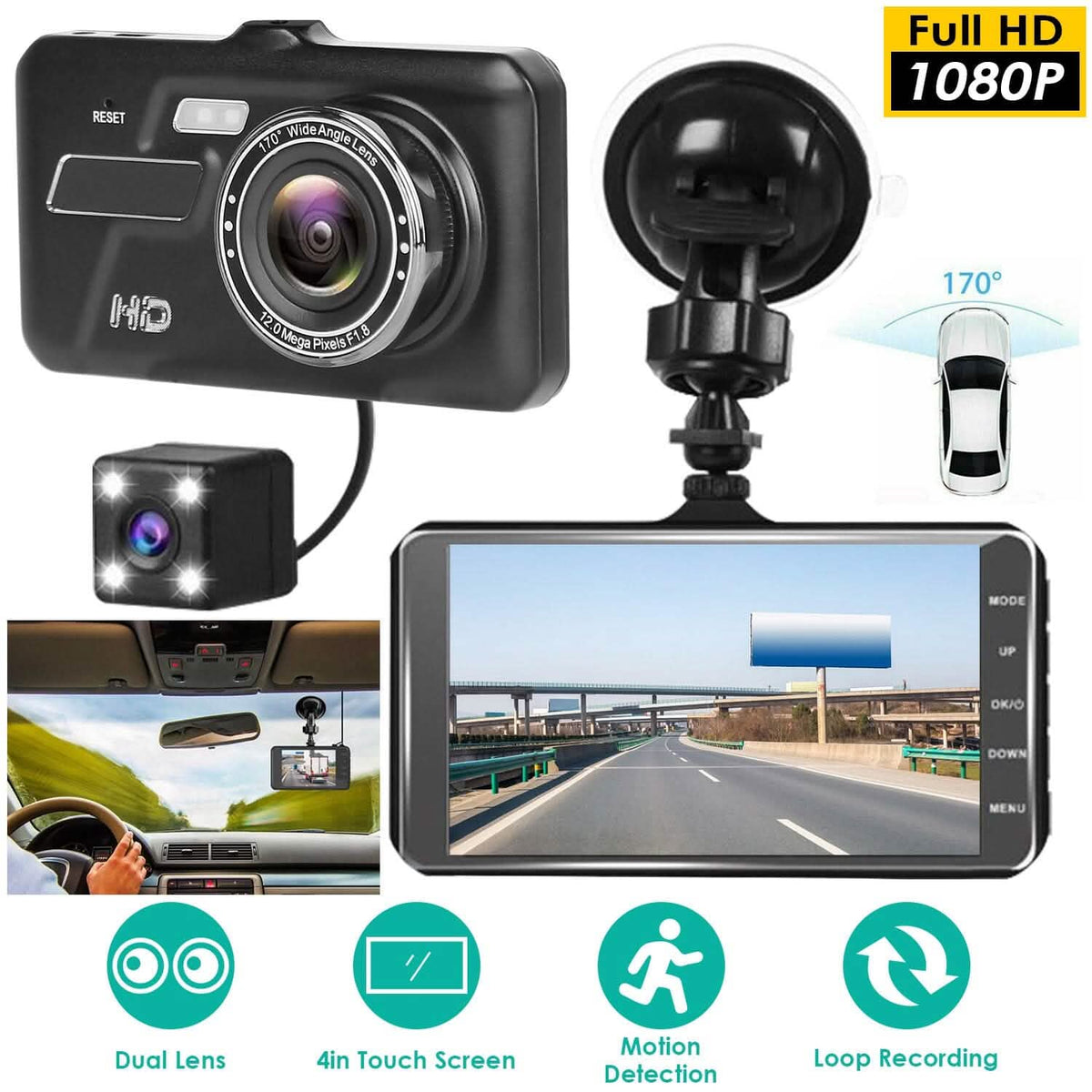 1080P 4-Inch Touch Screen Dual Dash Cam Automotive - Tophatter Daily Deals