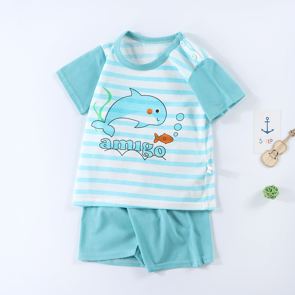 Boys And Girls Summer T-shirt Half Sleeve Suit Shorts Thin Blue Whale 0 - Tophatter Daily Deals