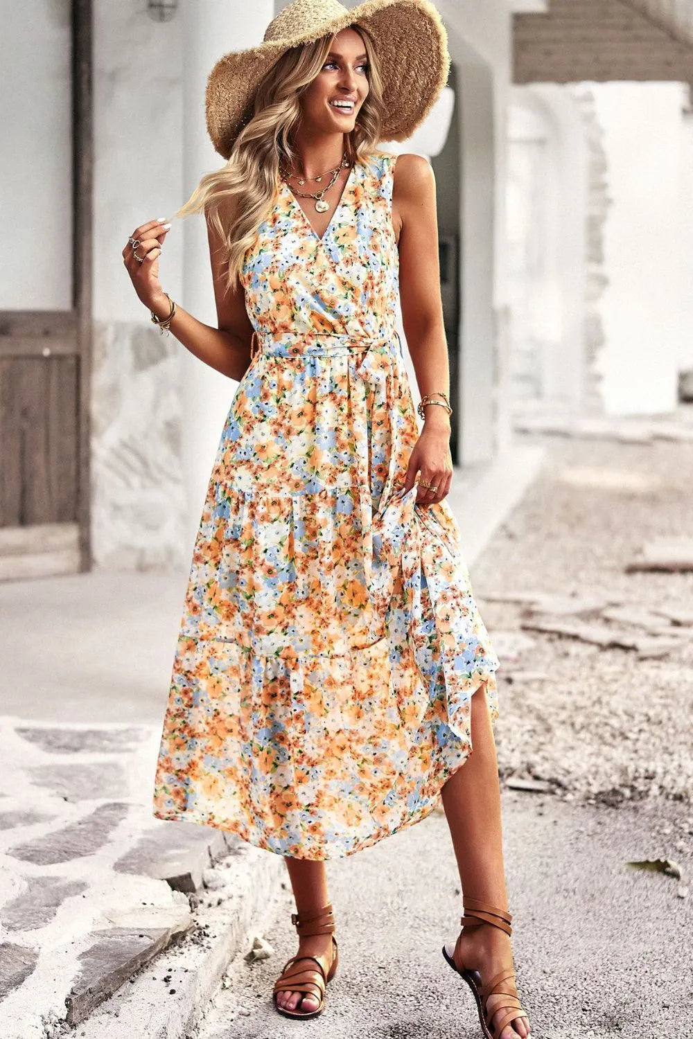 Floral Belted Surplice Sleeveless Tiered Dress Yellow Casual Dresses - Tophatter Daily Deals