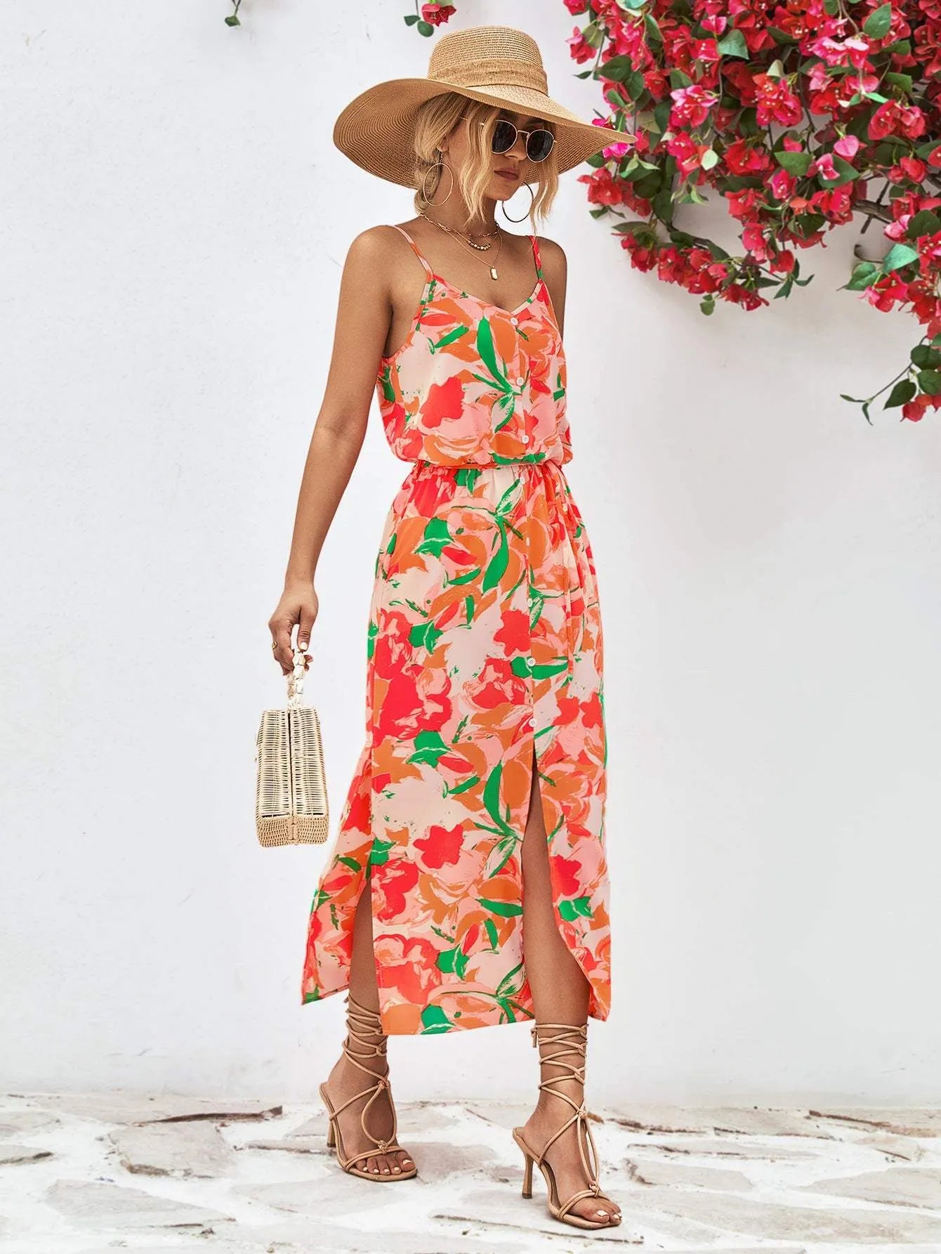 Printed Spaghetti Strap Front Slit Dress Casual Dresses - Tophatter Daily Deals