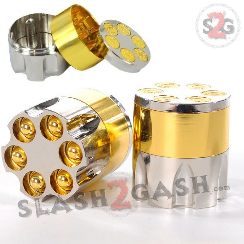 Revolver Bullet Herb Grinder Tobacco Mill - Small 1.6 Inch 3 piece Silver Gold Smoking Accessories - Tophatter Daily Deals