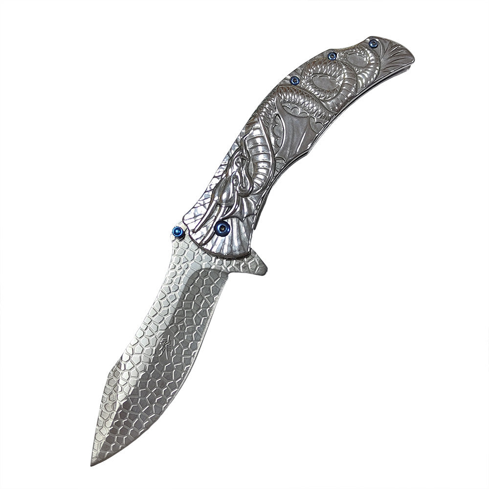 Dragon Embossed Handle Folding Knife Outdoor Camping Hunting Pocket EDC Tools No.5 - Tophatter Daily Deals