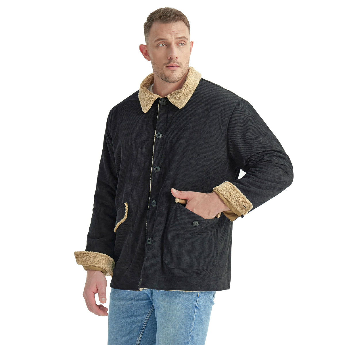 Warm Cozy Men's Jacket - Mid Length Corduroy Sherpa - Tophatter Daily Deals