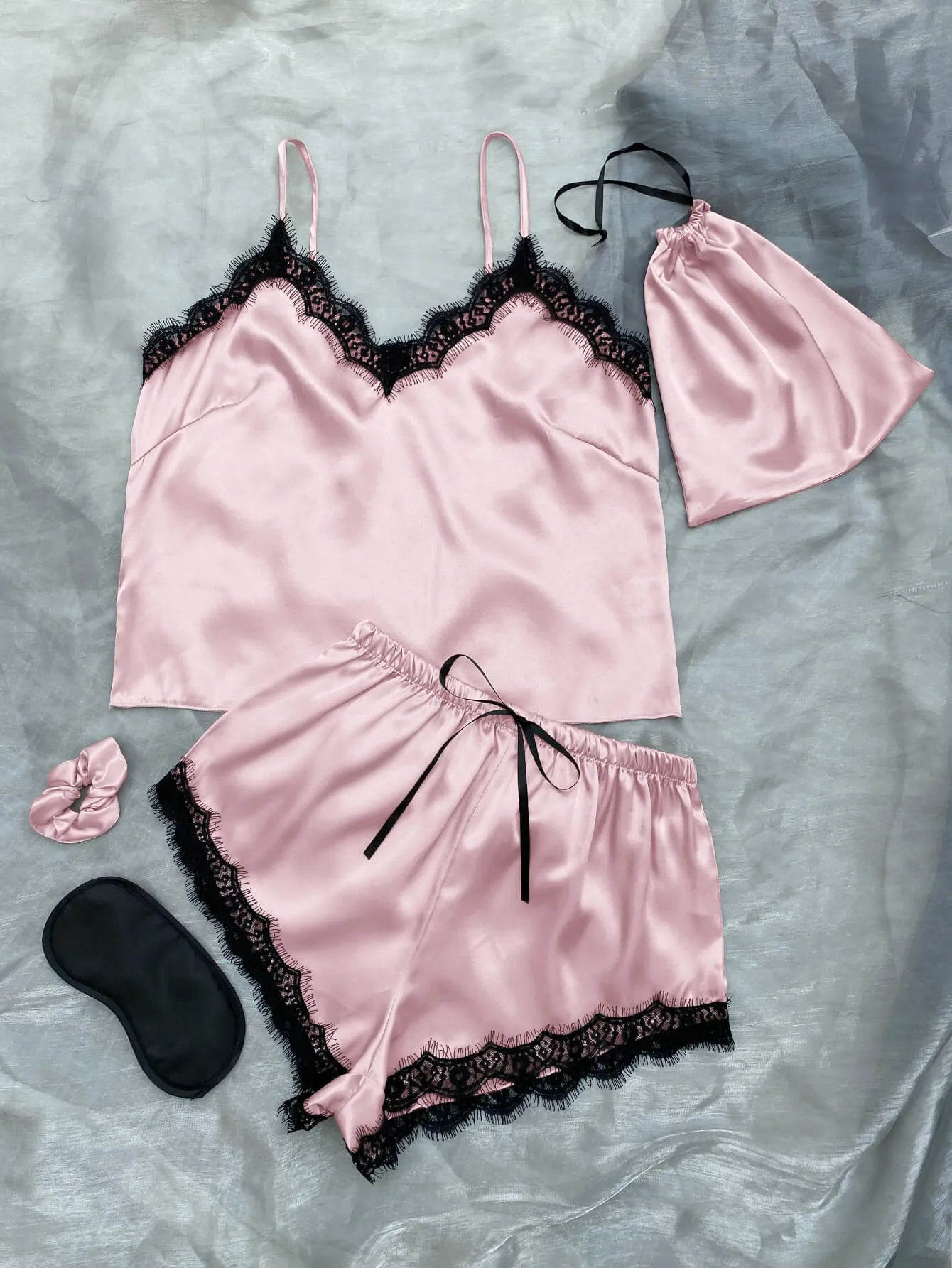 Lace Trim Cami, Shorts, Eye Mask, Scrunchie, and Bag Pajama Set Pink Loungewear Sets - Tophatter Daily Deals