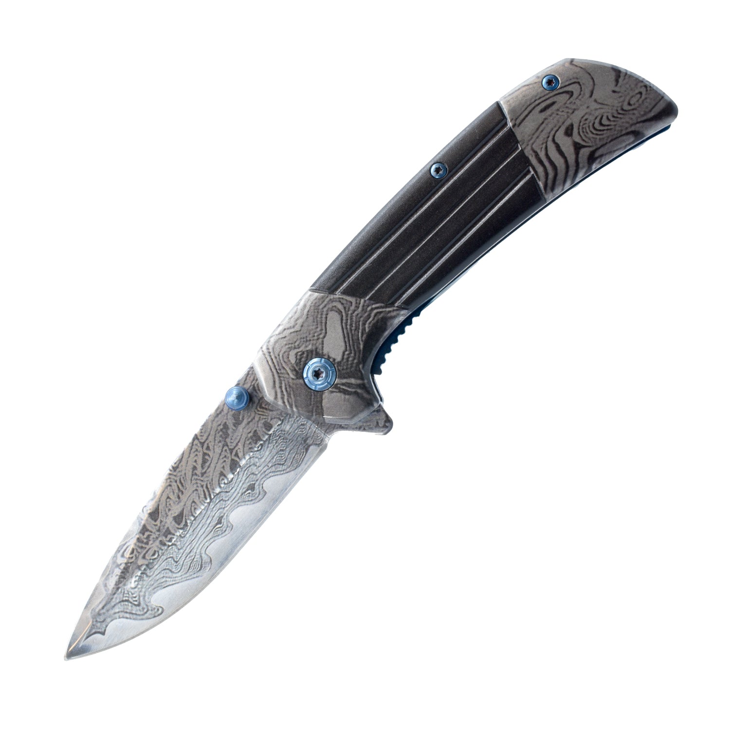 7.75" Titanium & Damascus Folding Knife Black Knife - Tophatter Daily Deals
